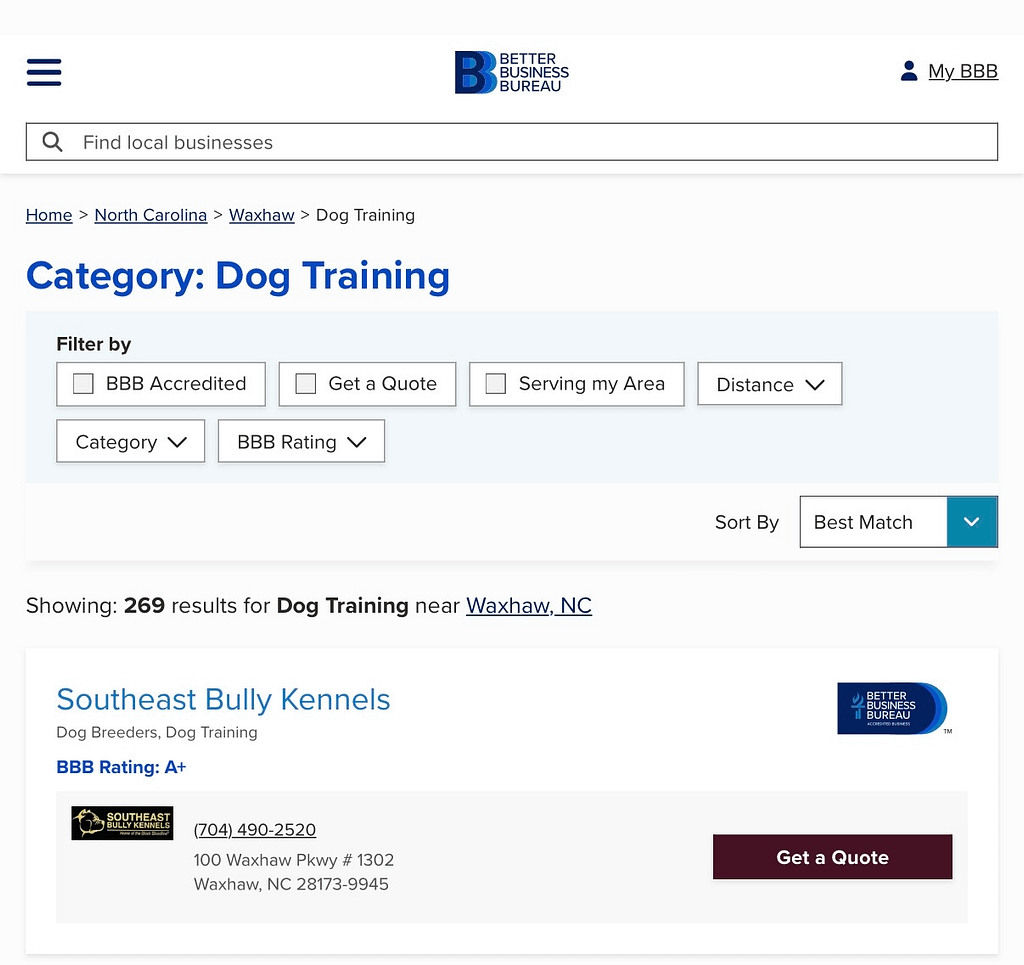 “Screenshot of Southeast Bully Kennels listed on the Better Business Bureau website as an A+ accredited business for dog breeding and dog training, showing the company’s verified contact information and accreditation status in Waxhaw, North Carolina.