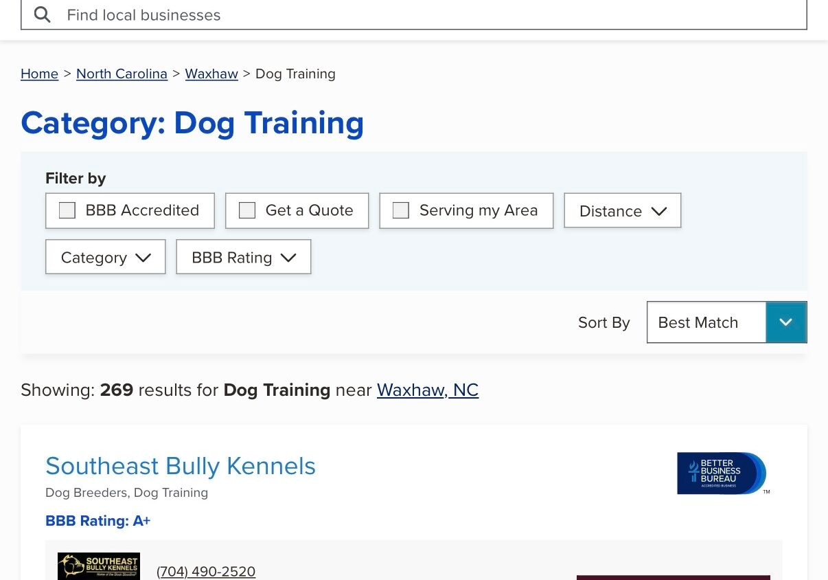 Southeast Bully Kennels BBB Accredited A+ rating for professional dog breeding and dog training, listed as a verified business in Waxhaw, North Carolina.