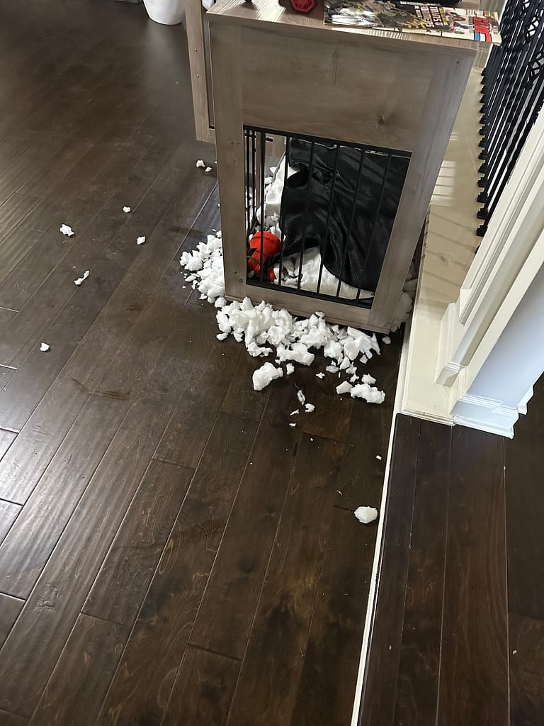 Broken mirror with scattered white debris on a wooden floor.