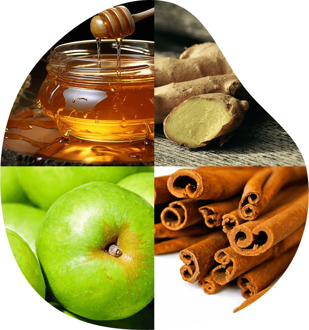 5 A collage of four different foods including apples, cinnamon sticks and honey.