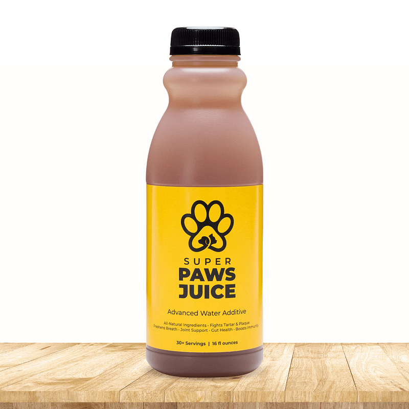 a bottle of super paws juice in the kitchen where its made from proven all-natural ingredients