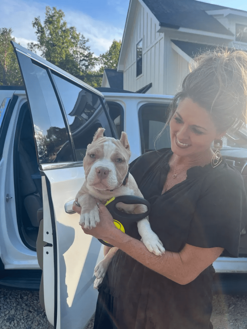 A smiling woman holding a happy pocket bully puppy that she purchased.